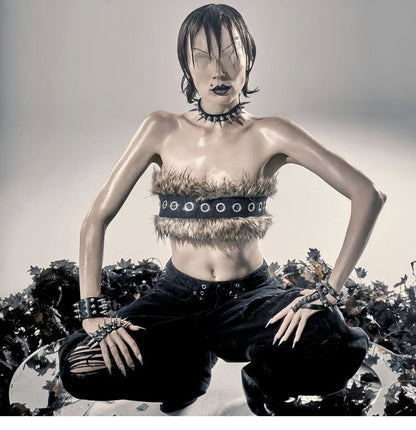 Women Cropped Bandeau Top with Faux Fur Trim, Grommet Leather Strap and Gothic-Punk Details Shop Velvia