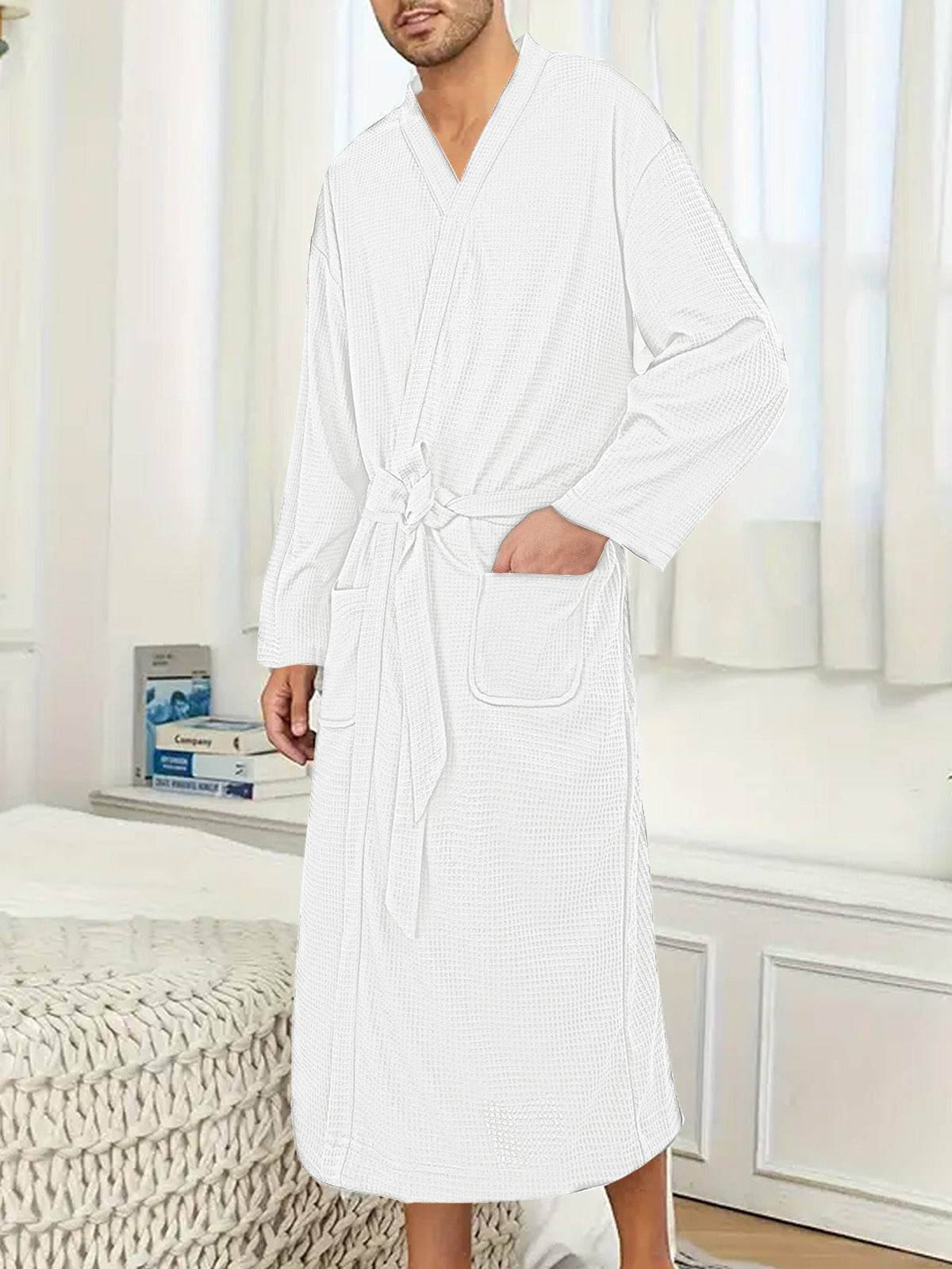 Men's lightweight cotton kimono bathrobe with waffle texture and patch pockets Shop Velvia
