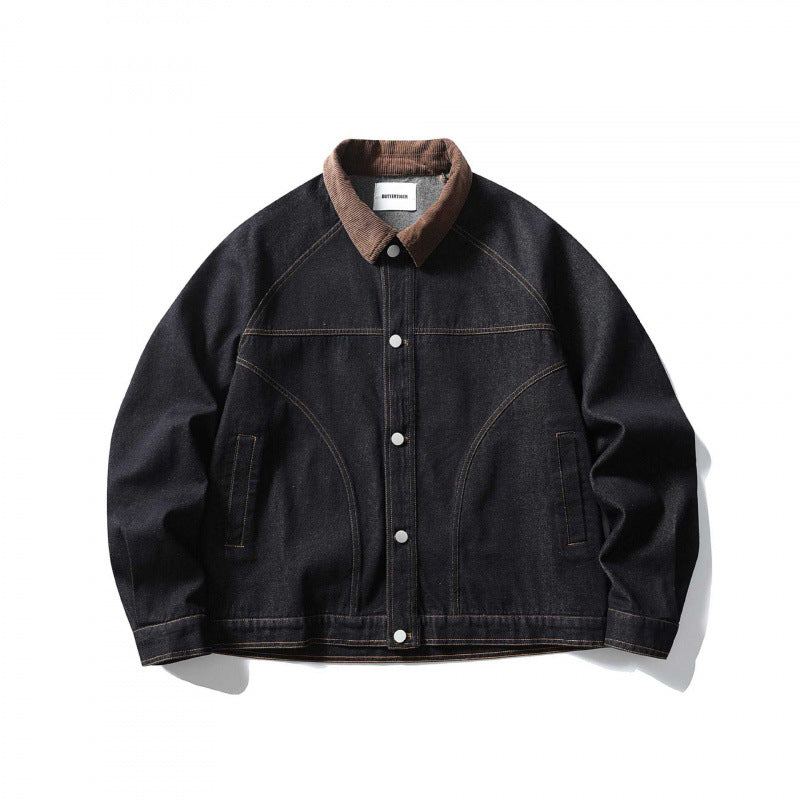 Unisex Boxy Denim Jacket with Cord Collar, Contrasting Decorative Seams and Press Stud Placket Shop Velvia