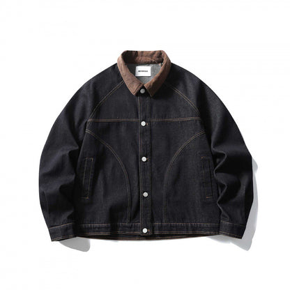 Unisex Boxy Denim Jacket with Cord Collar, Contrasting Decorative Seams and Press Stud Placket Shop Velvia