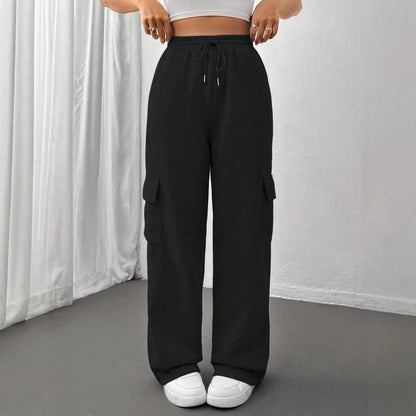 Ladies cargo jogging pants with high elastic waistband, drawstring, and wide leg Shop Velvia