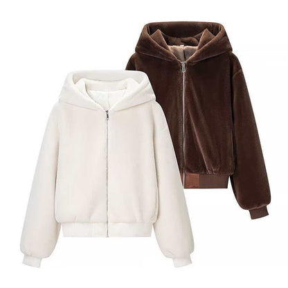 Women's Cozy Hooded Bomber Jacket in Teddy Finish Shop Velvia