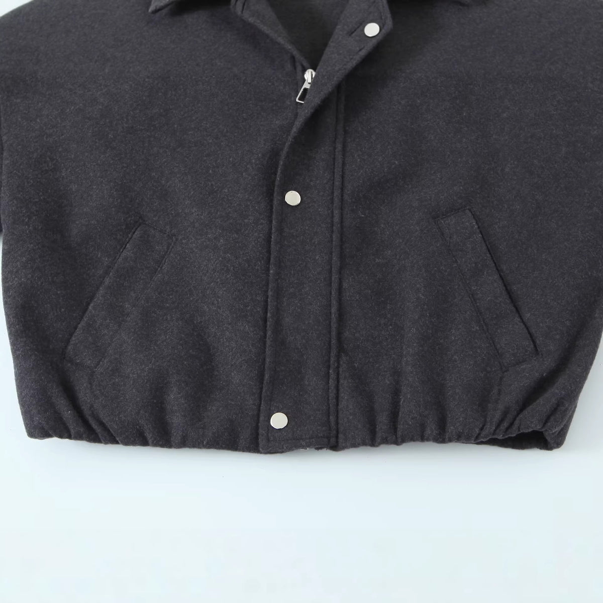 Women's short-cut wool blouson jacket with stand-up collar, snap button placket, and elastic hem Shop Velvia