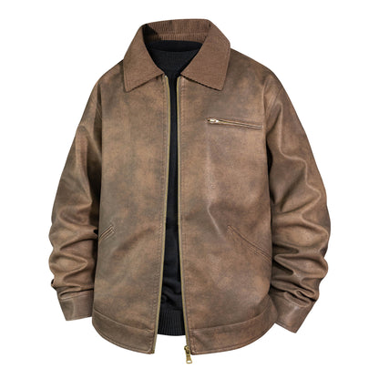 Men's Vintage Leather Bomber Jacket with Ribbed Collar Shop Velvia