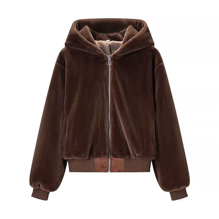Women's Cozy Hooded Bomber Jacket in Teddy Finish Shop Velvia