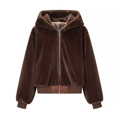 Women's Cozy Hooded Bomber Jacket in Teddy Finish Shop Velvia