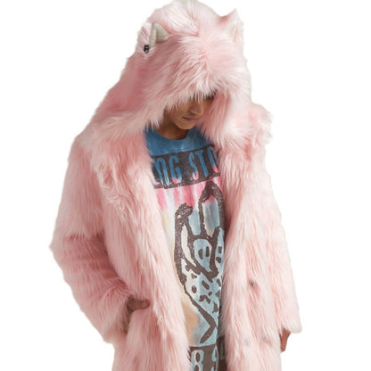 Women's Longer Hooded Faux Fur Coat with Animal Ears and Fluffy High Pile Shop Velvia