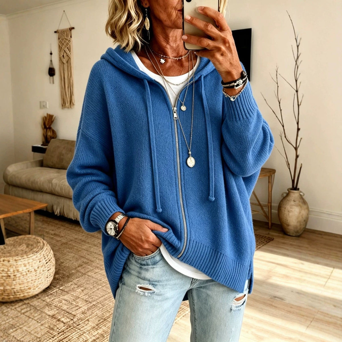 Women Oversize Hooded Zip Cardigan made of soft fine knit Shop Velvia