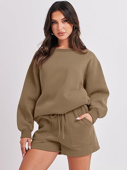Women's Casual Two-Piece Lounge Sweatset with Oversized Round Neck Sweatshirt and High-Waist Relax Shorts Shop Velvia