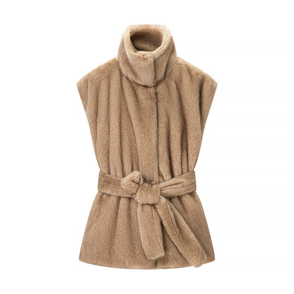 Women's Sleeveless Faux Fur Vest with Stand Collar and Waist Belt Shop Velvia