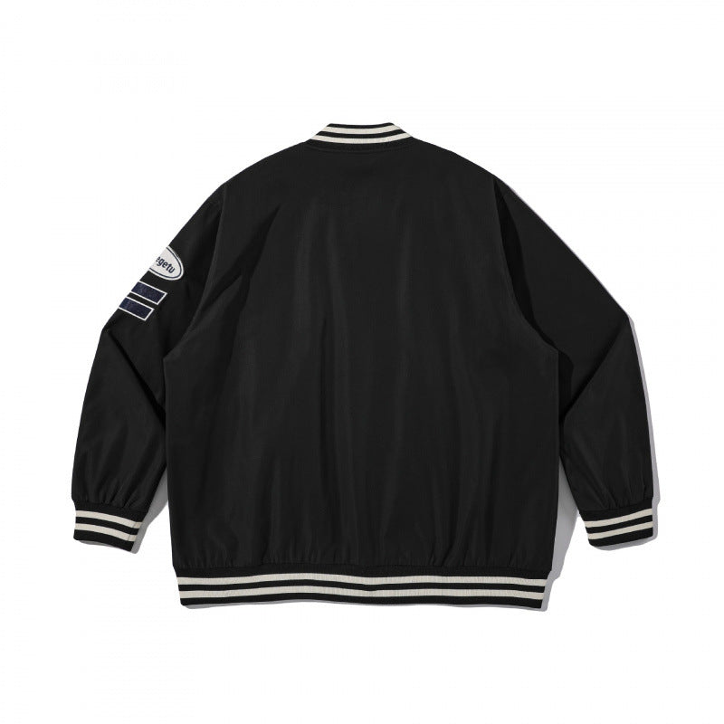 Unisex College Bomber Jacket with quilted patch, striped ribbed hems and snap button placket Shop Velvia