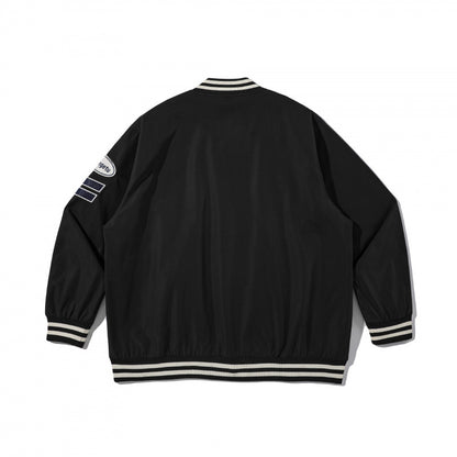 Unisex College Bomber Jacket with quilted patch, striped ribbed hems and snap button placket Shop Velvia