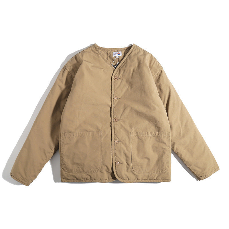 Unisex Lightly Quilted Round Neck Transitional Jacket with Button Placket and Patch Pockets Shop Velvia