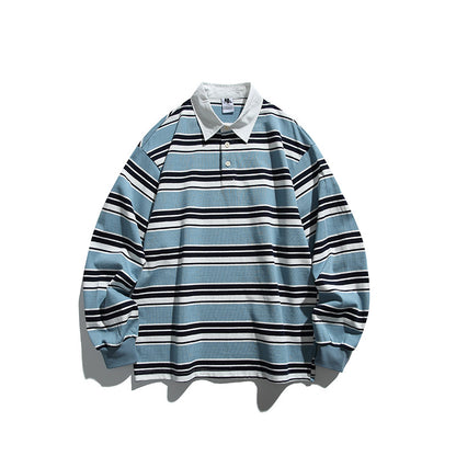 Unisex Oversize-Long Sleeve-Rugby Shirt with Contrast Collar and Distinctive Striped Pattern Shop Velvia