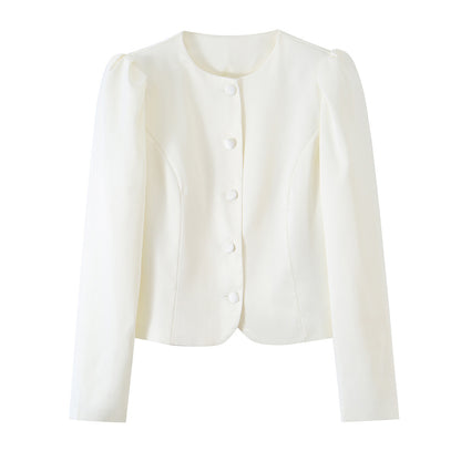 Women's Tailored Short Blazer with Puff Sleeves and Covered Buttons Shop Velvia