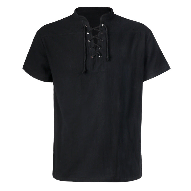 Men's casual short-sleeve shirt with laced V-neck, short stand-up collar, and soft cotton blend Shop Velvia