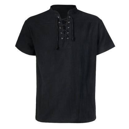 Men's casual short-sleeve shirt with laced V-neck, short stand-up collar, and soft cotton blend Shop Velvia