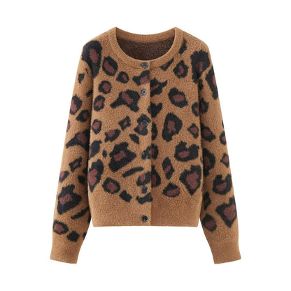 Women's fluffy cardigan in leopard print with round neckline and button placket Shop Velvia
