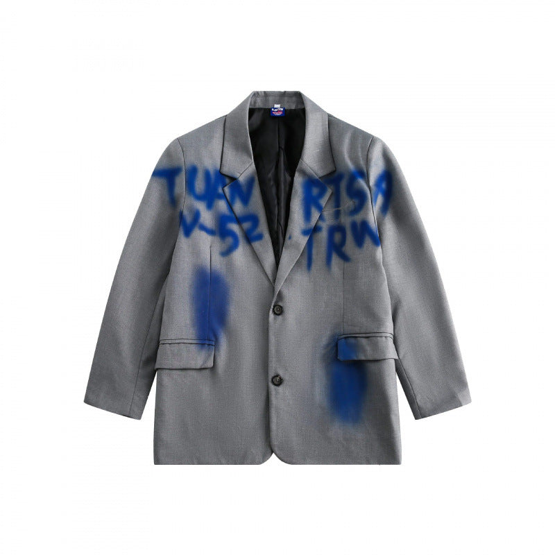 Unisex Oversize Blazer with Graffiti Spray Print, Notch Lapels and Flap Pockets Shop Velvia