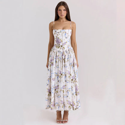 Women's fitted maxi dress with corset top and fine spaghetti straps