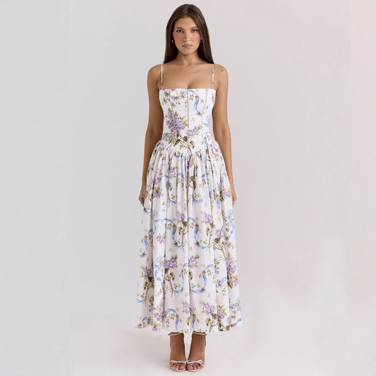 Women's fitted maxi dress with corset top and fine spaghetti straps