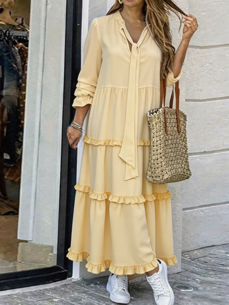 Women's Long Tiered Ruffle Maxi Dress with Tied Scarf and V-Neck Shop Velvia