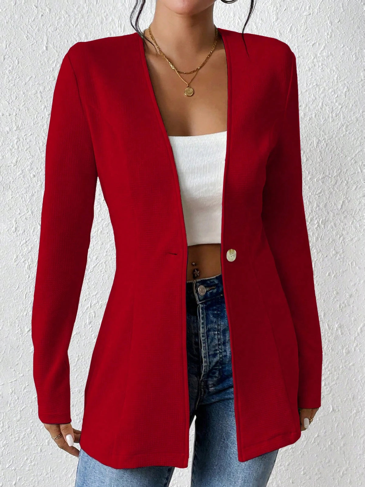 Ladies Tailored Long Blazer with V-Neck and One-Button Closure Shop Velvia