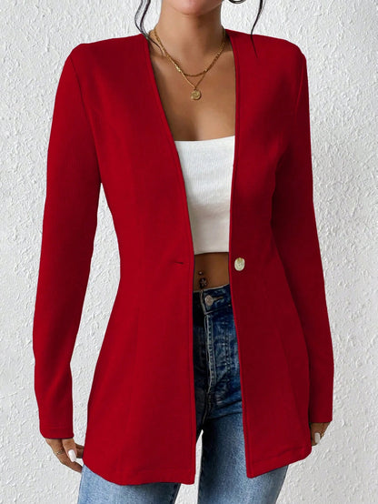 Ladies Tailored Long Blazer with V-Neck and One-Button Closure Shop Velvia