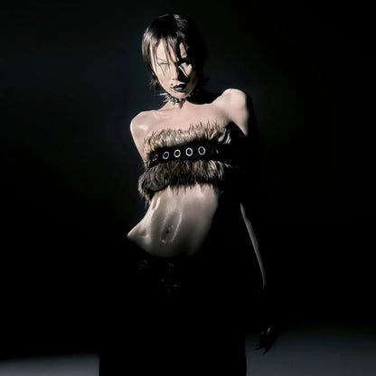 Women Cropped Bandeau Top with Faux Fur Trim, Grommet Leather Strap and Gothic-Punk Details Shop Velvia