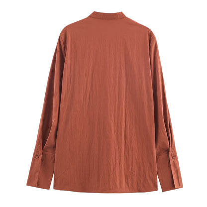 Women's Oversized Shirt Blouse with Mandarin Collar and Full Button Placket Shop Velvia