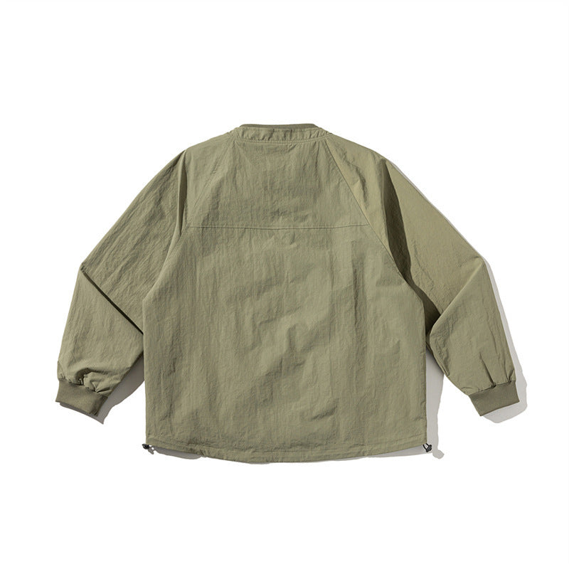 Unisex Lightweight Boxy Field Jacket without Collar with Raglan Sleeves, Patch Flap Pockets and Drawstring Shop Velvia