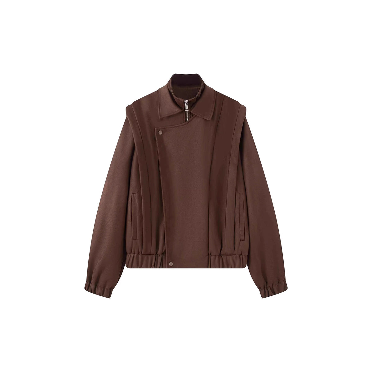 Women's short wool bomber jacket with asymmetrical zipper, stand-up collar, and elastic hem Shop Velvia