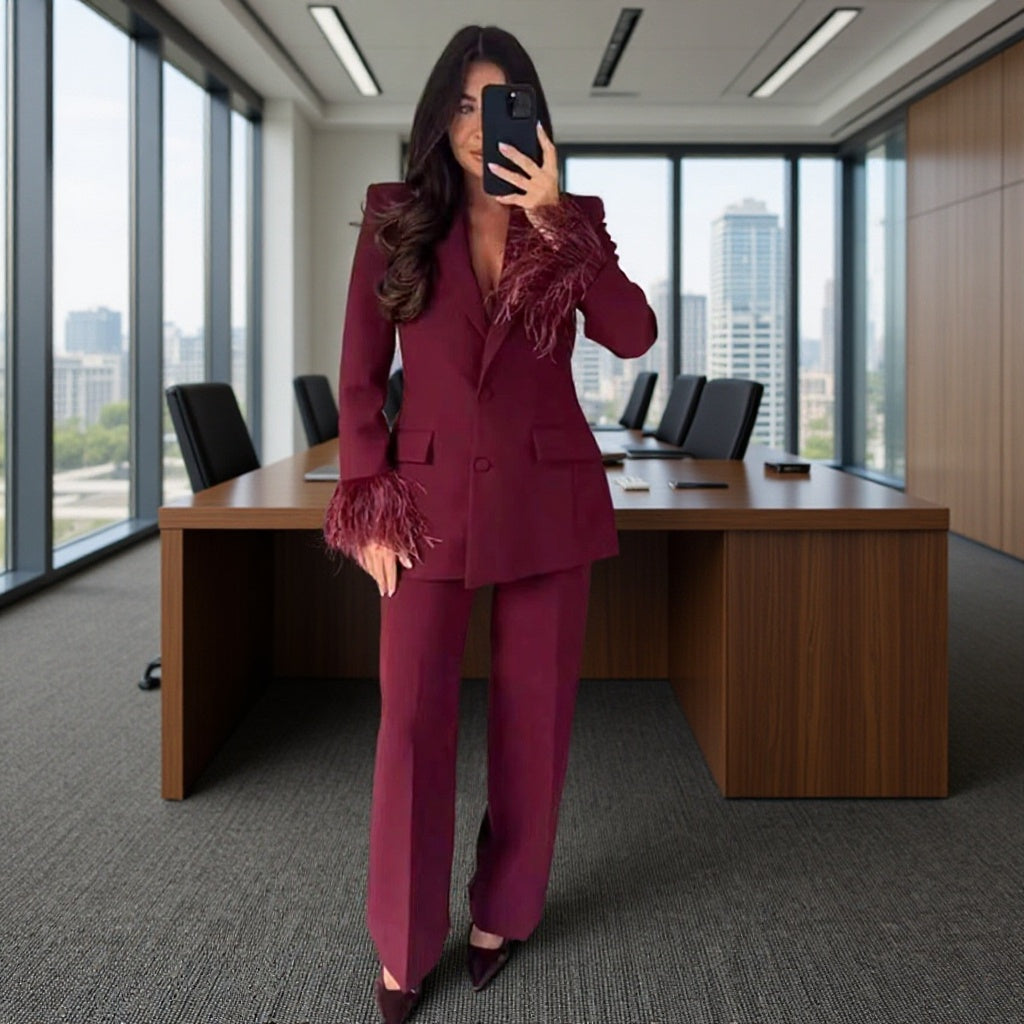 Women's Tailored Suit with Feather Cuffs and Straight-Leg Trousers Shop Velvia