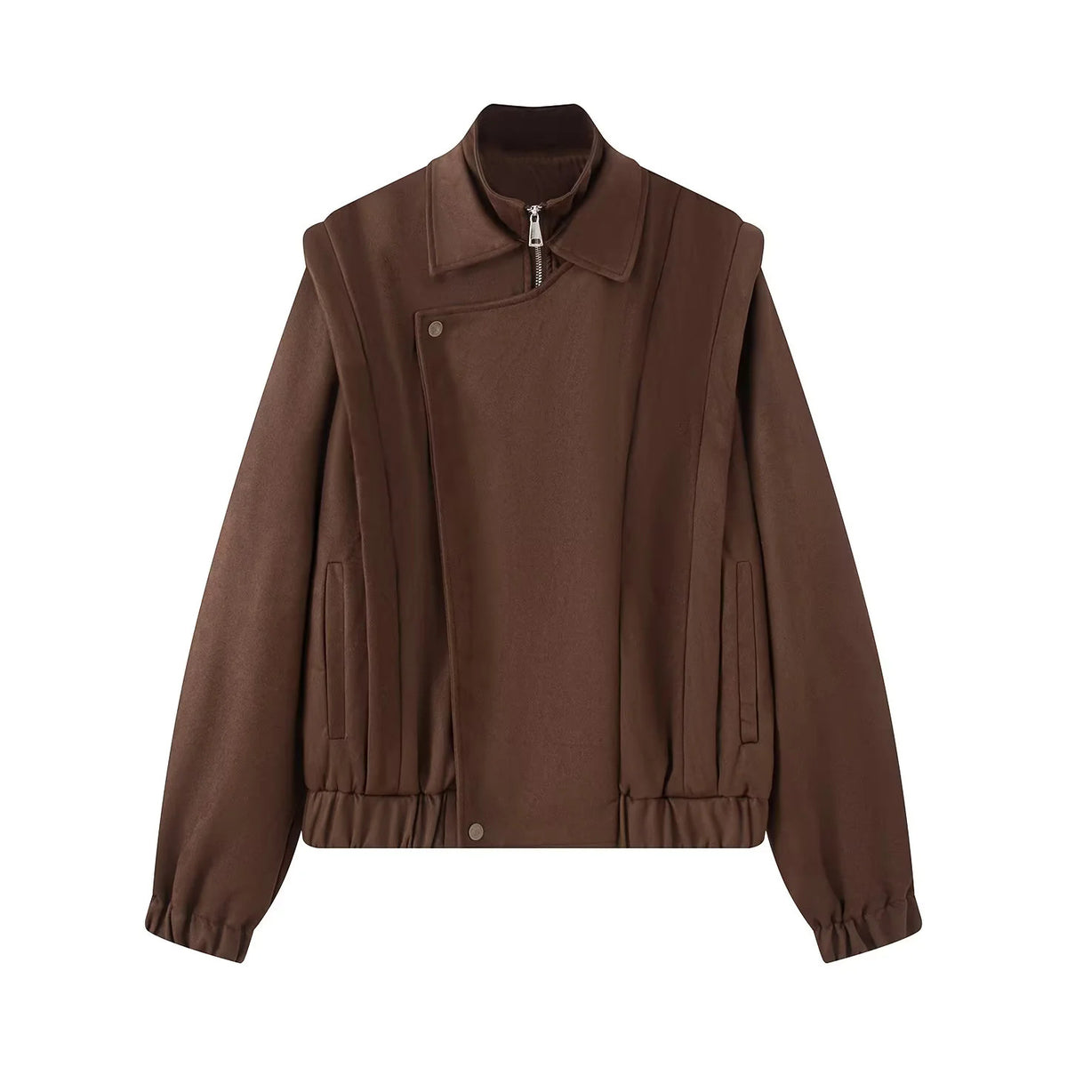Women's short wool bomber jacket with asymmetrical zipper, stand-up collar, and elastic hem Shop Velvia