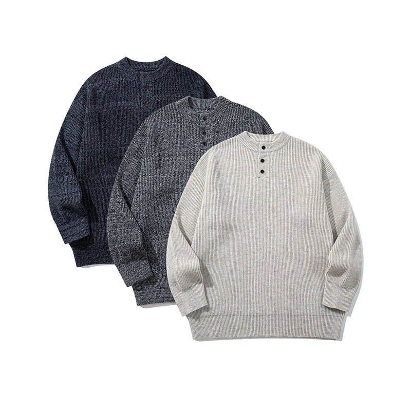Unisex Oversize Chunky Knit Henley Sweater with Melange Structure and Ribbed Finishes Shop Velvia