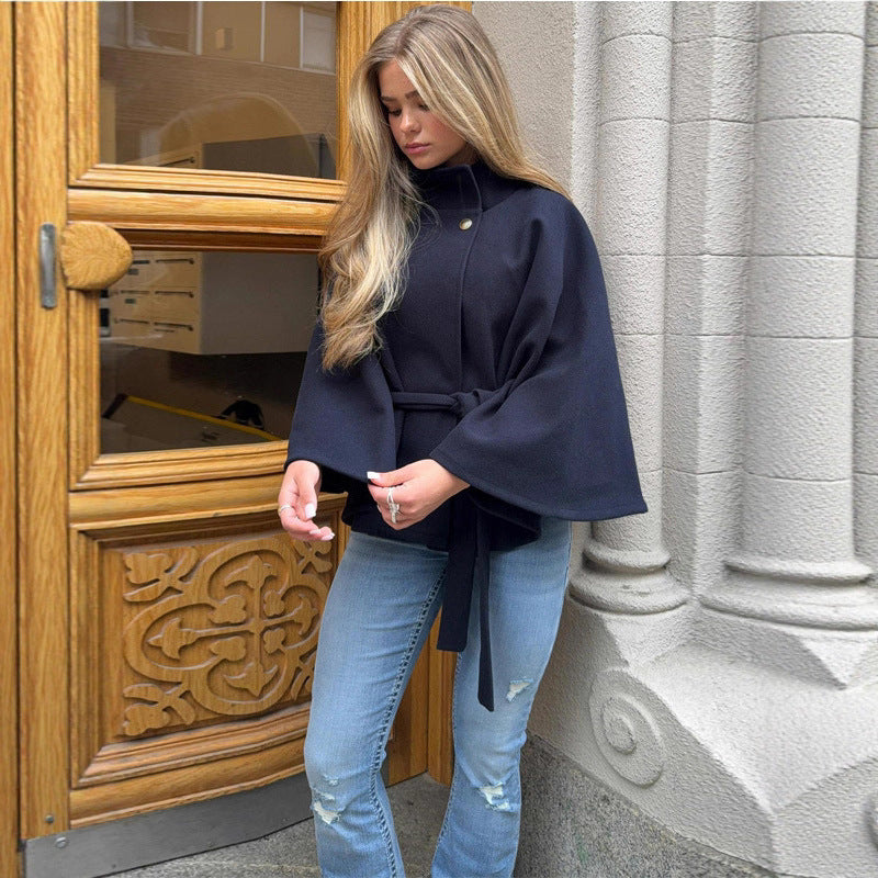 Women's short cape made of wool blend with asymmetric stand-up collar and waist tie belt Shop Velvia