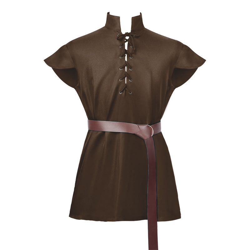 Men's casual short-sleeve shirt with laced V-neck, short stand-up collar, and soft cotton blend Shop Velvia