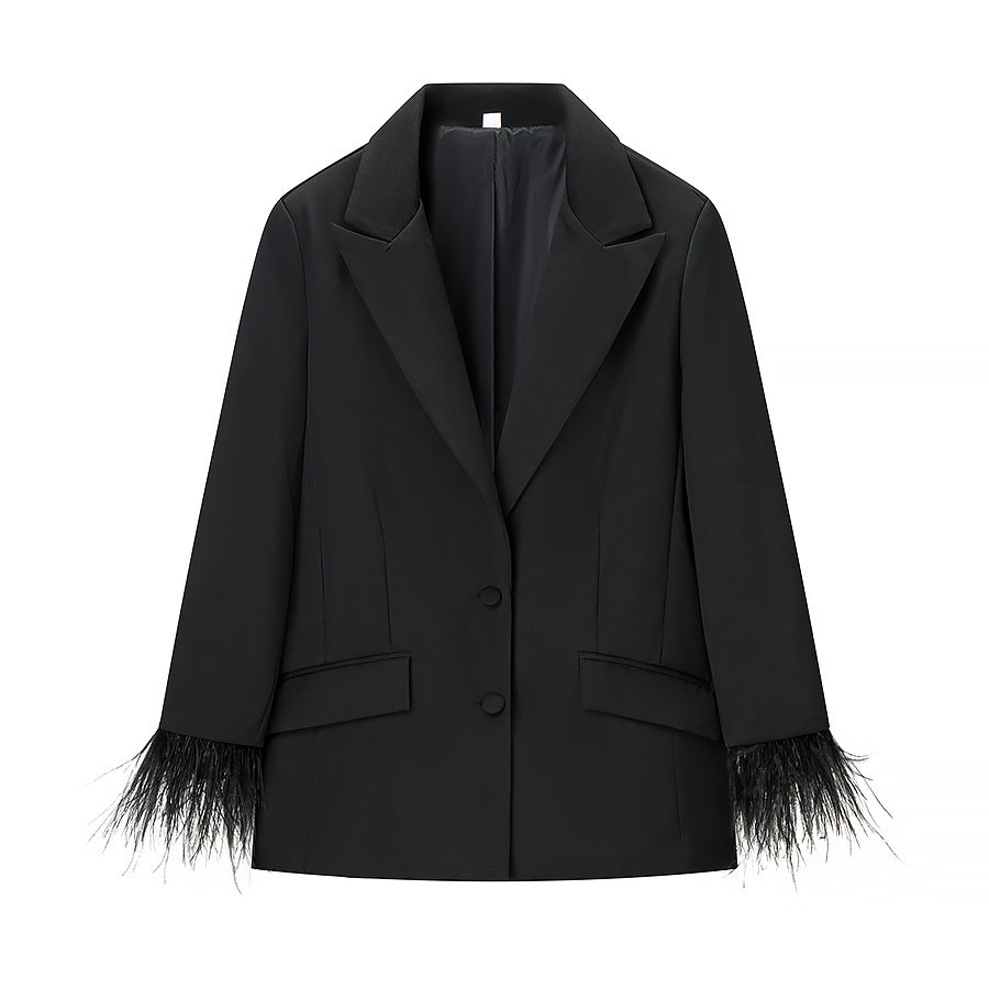 Women's Tailored Suit with Feather Cuffs and Straight-Leg Trousers Shop Velvia