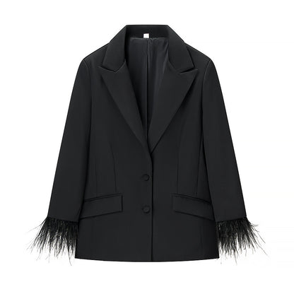 Women's Tailored Suit with Feather Cuffs and Straight-Leg Trousers Shop Velvia