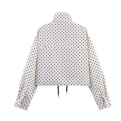 Women's Cropped Quilted Jacket with Polka Dot Print, Stand Collar and Drawstring Shop Velvia
