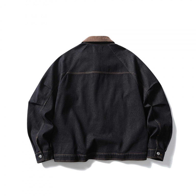 Unisex Boxy Denim Jacket with Cord Collar, Contrasting Decorative Seams and Press Stud Placket Shop Velvia