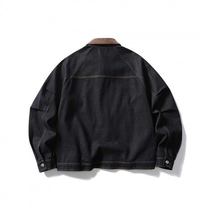 Unisex Boxy Denim Jacket with Cord Collar, Contrasting Decorative Seams and Press Stud Placket Shop Velvia