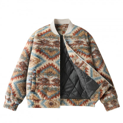 Unisex Boxy Fleece Bomber Jacket with Aztec Pattern and Zipper Shop Velvia