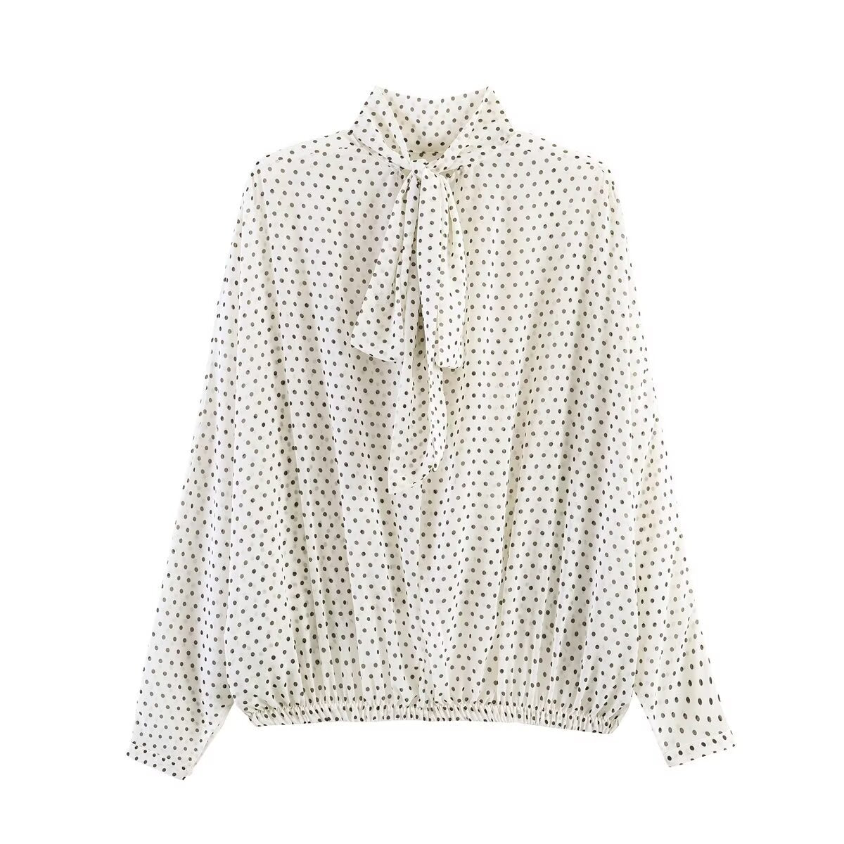 Women's Two-Piece Polka Dot Set with Stand Collar Blouse and Flared Midi Skirt Shop Velvia