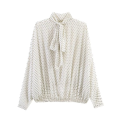 Women's Two-Piece Polka Dot Set with Stand Collar Blouse and Flared Midi Skirt Shop Velvia