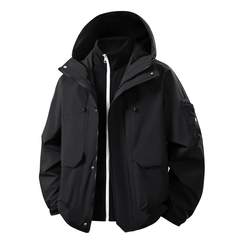 Unisex two-layer softshell parka with removable fleece inner layer, hood, and utility pockets Shop Velvia