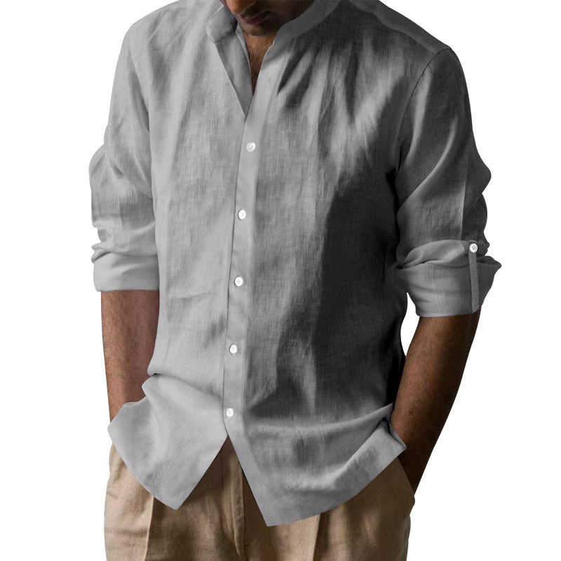 Men's Elegant Linen Shirt with Stand Collar and Button Details Shop Velvia
