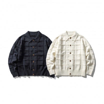 Unisex Boxy Cardigan with Shirt Collar and Structured Check Pattern Shop Velvia