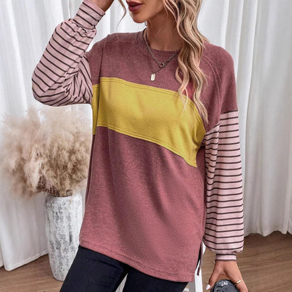 Women's Loose Colorblock Sweatshirt with Striped Sleeves and Round Neck Shop Velvia