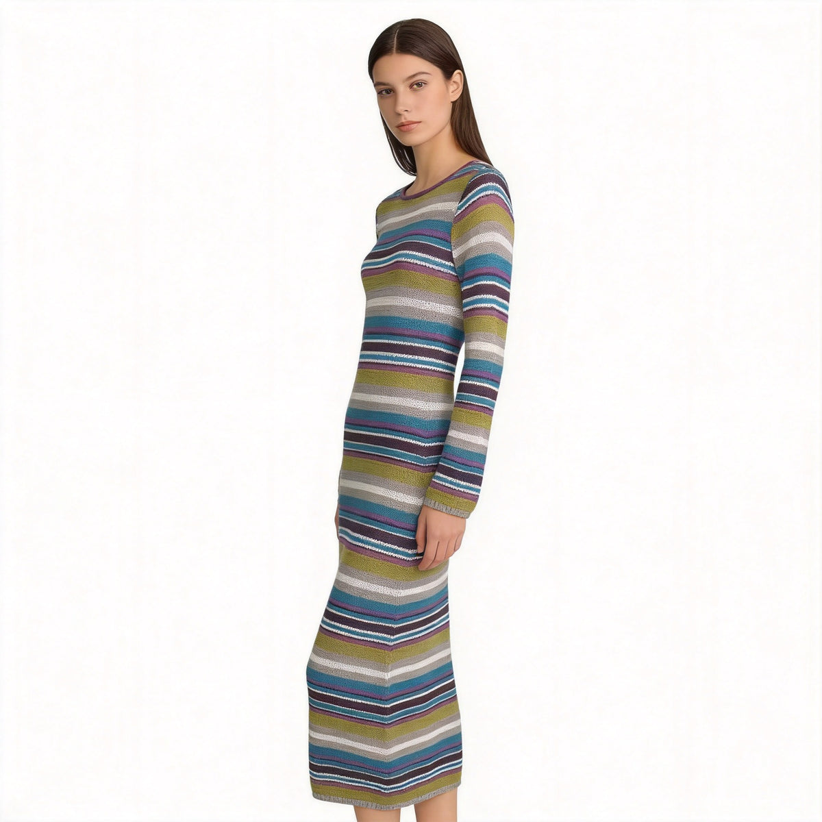 Women's Fitted Fine Knit Midi Dress with Striped Pattern and Round Neckline Shop Velvia